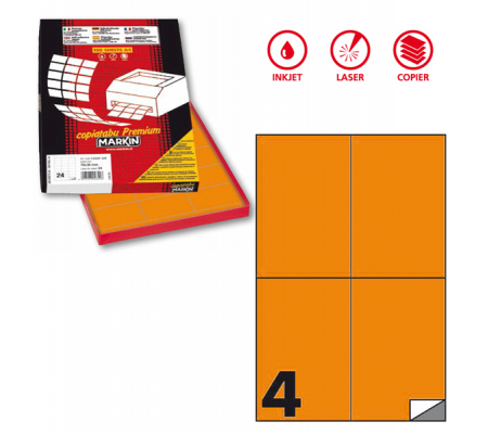 Etichetta adesiva C519 - permanente - 105 x 148,5 mm - 4 etichette per foglio - arancio fluo - scatola 100 fogli A4 - Markin - X210C519F-AR - 8007047051134 - DMwebShop