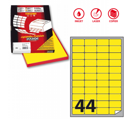 Etichetta adesiva A406 - permanente - 47,5 x 25,5 mm - 44 etichette per foglio - giallo fluo - scatola 100 fogli A4 - Markin - X210A406F-GI - 8007047051202 - DMwebShop