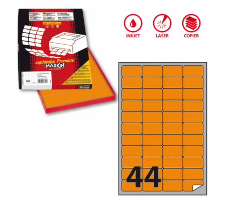 Etichetta adesiva A406 - permanente - 47,5 x 25,5 mm - 44 etichette per foglio - arancio fluo - scatola 100 fogli A4 - Markin - X210A406F-AR - 8007047051219 - DMwebShop