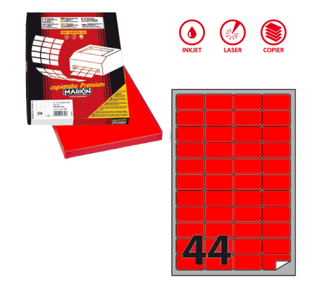 Etichetta adesiva A406 - permanente - 47,5 x 25,5 mm - 44 etichette per foglio - rosso fluo - scatola 100 fogli A4 - Markin - X210A406F-RO - 8007047051233 - DMwebShop