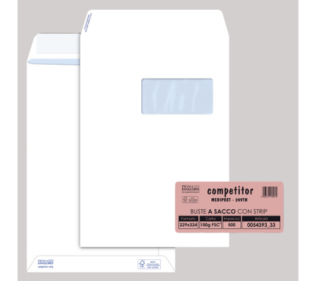 Busta a sacco Competitor FSC - strip adesivo - con finestra - 23 x 33 cm - 100 gr - bianco - conf. 500 pezzi - Pigna - 005439333 - 8006873180070 - DMwebShop