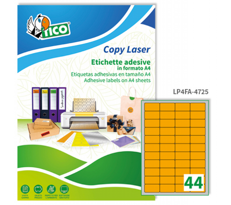 Etichetta adesiva LP4F - permanente - 47,5 x 25,5 mm - 44 etichette per foglio - arancio fluo - conf. 70 fogli A4 - Tico - LP4FA-4725 - 8007827270038 - DMwebShop