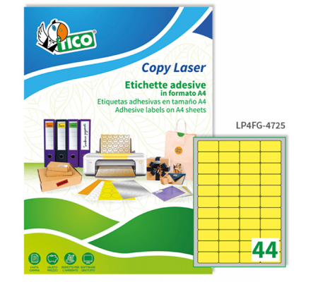 Etichetta adesiva LP4F - permanente - 47,5 x 25,5 mm - 44 etichette per foglio - giallo fluo - conf. 70 fogli A4 - Tico - LP4FG-4725 - 8007827270021 - DMwebShop