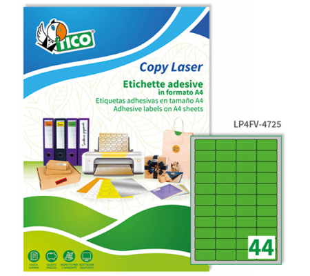 Etichetta adesiva LP4F - permanente - 47,5 x 25,5 mm - 44 etichette per foglio - verde fluo - conf. 70 fogli A4 - Tico - LP4FV-4725 - 8007827270052 - DMwebShop