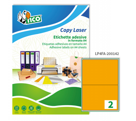 Etichetta adesiva LP4F - permanente - 200 x 142 mm - 2 etichette per foglio - arancio fluo - conf. 70 fogli A4 - Tico - LP4FA-200142 - 8007827270571 - DMwebShop