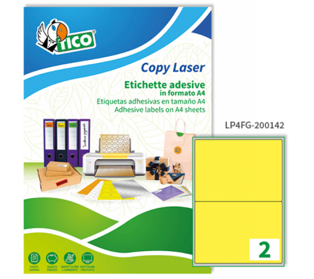 Etichetta adesiva LP4F - permanente - 200 x 142 mm - 2 etichette per foglio - giallo fluo - conf. 70 fogli A4 - Tico - LP4FG-200142 - 8007827270588 - DMwebShop