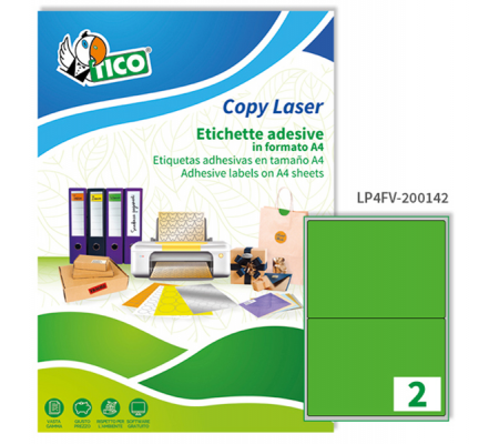 Etichetta adesiva LP4F - permanente - 200 x 142 mm - 2 etichette per foglio - verde fluo - conf. 70 fogli A4 - Tico - LP4FV-200142 - 8007827270595 - DMwebShop
