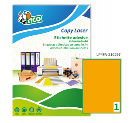 Etichetta adesiva LP4F - permanente - 210 x 297 mm - 1 etichetta per foglio - arancio fluo - conf. 70 fogli A4 - Tico - LP4FA-210297 - 8007827270229 - DMwebShop