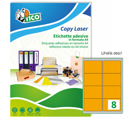 Etichetta adesiva LP4F - permanente - 99,1 x 67,7 mm - 8 etichette per foglio - arancio fluo - conf. 70 fogli A4 - Tico - LP4FA-9967 - 8007827270267 - DMwebShop