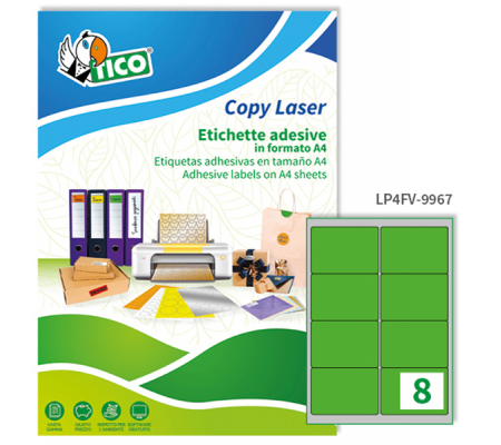 Etichetta adesiva LP4F - permanente - 99,1 x 67,7 mm - angoli tondi - 8 etichette per foglio - verde fluo - conf. 70 fogli A4 - Tico - LP4FV-9967 - 8007827270281 - DMwebShop