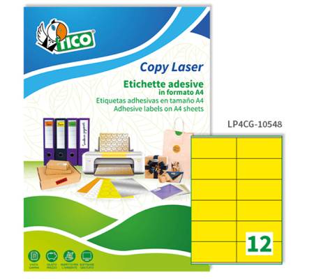 Etichetta adesiva LP4C - permanente - 105 x 48 mm - 12 etichette per foglio - giallo opaco - conf. 70 fogli A4 - Tico - LP4CG-10548 - 8007827192323 - DMwebShop