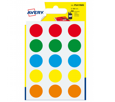 Etichetta adesiva tonda PSA - permanente - Ø 19 mm - colori assortiti - blister 90 etichette - Avery - PSA19MX - 5014702026454 - DMwebShop