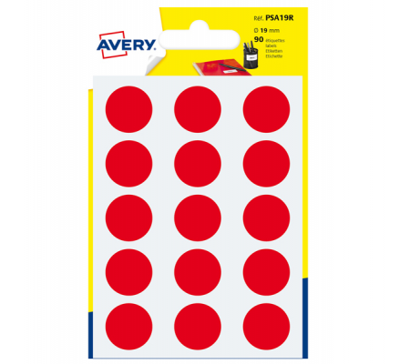 Etichetta adesiva tonda PSA - permanente - Ø 19 mm - rosso - blister 90 etichette - Avery - PSA19R - 5014702026430 - DMwebShop