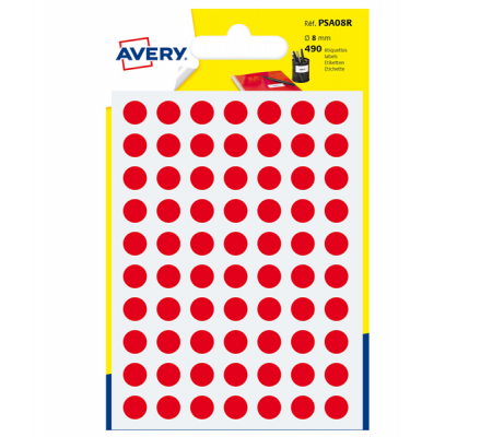 Etichetta adesiva tonda PSA - permanente - Ø 8 mm - rosso - blister 490 etichette - Avery - PSA08R - 5014702026300 - DMwebShop