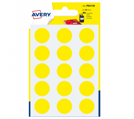Etichetta adesiva tonda PSA - permanente - Ø 19 mm - giallo - blister 90 etichette - Avery - PSA19J - 5014702026447 - DMwebShop