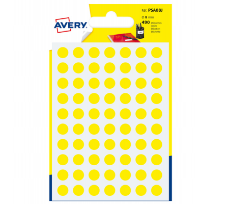 Etichetta adesiva tonda PSA - permanente - Ø 8 mm - giallo - blister 490 etichette - Avery - PSA08J - 5014702026317 - DMwebShop