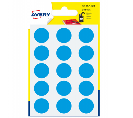 Etichetta adesiva tonda PSA - permanente - Ø 19 mm - blu - blister 90 etichette - Avery - PSA19B - 5014702026416 - DMwebShop
