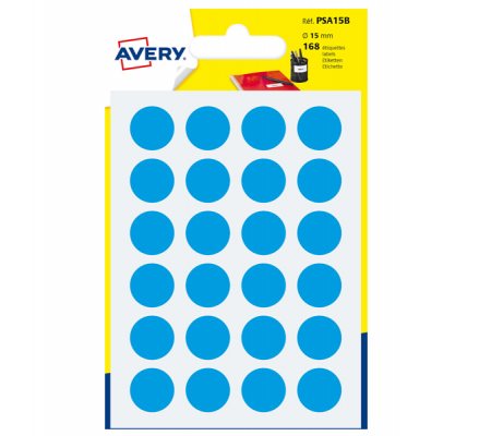 Etichetta adesiva tonda PSA - permanente - Ø 15 mm - blu - blister 168 etichette - Avery - PSA15B - 5014702026348 - DMwebShop