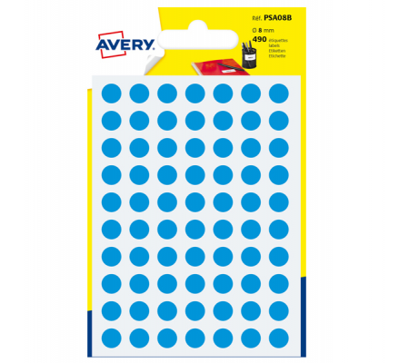 Etichetta adesiva tonda PSA - permanente - Ø 8 mm - blu - blister 490 etichette - Avery - PSA08B - 5014702026287 - DMwebShop