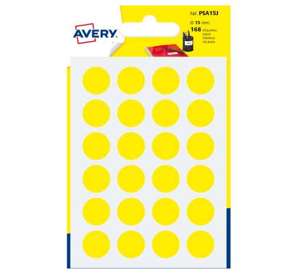 Etichette adesive tonde PSA in carta permanenti diametro 15 mm 24 etichette per foglio 7 fogli giallo Avery PSA15J - 3508