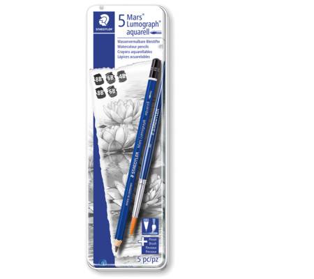 Matite in grafite acquerellabili con pennello Mars Lumograph gradazioni 4B 6B 8B astuccio metallo Staedtler 100A G6 - 3455