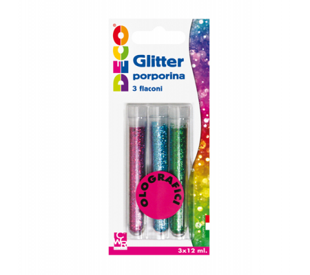 Glitter grana fine - 12 ml - colori assortiti olografici - blister 3 flaconi - Deco - 11592 - 8004957115925 - DMwebShop
