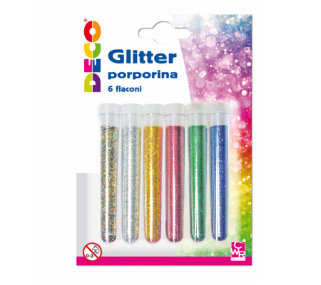Glitter grana fine - 12 ml - colori assortiti - blister 6 flaconi - Deco - 130/GL5 - 8004957030457 - DMwebShop