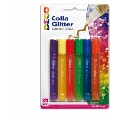 Blister colla glitter - 10,5 ml - colori pastello assortiti - conf. 6 pezzi - Deco - 11229 - 8004957112290 - DMwebShop