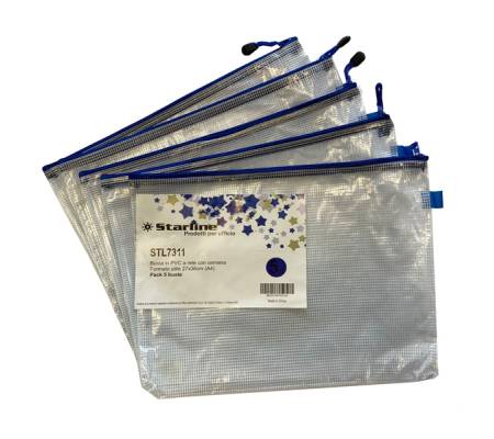 Busta a rete con cerniera blu - PVC - A4 - 27 x 36 cm - trasparente - conf. 5 pezzi - Starline - 3300 stl - 8025133103147 - DMwebShop