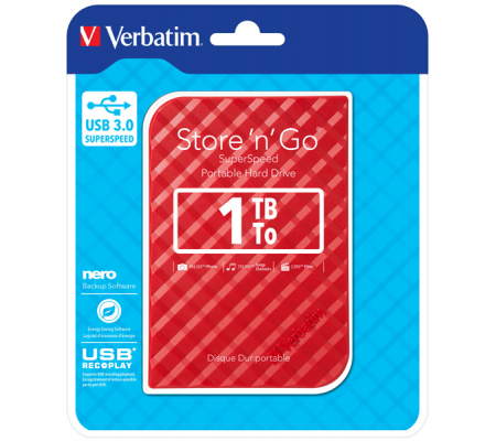 USB 3.0 portatile Store 'N'Go 9,5 mm drive - Rosso - 1 Tb - Verbatim - 53203 - 023942532033 - DMwebShop