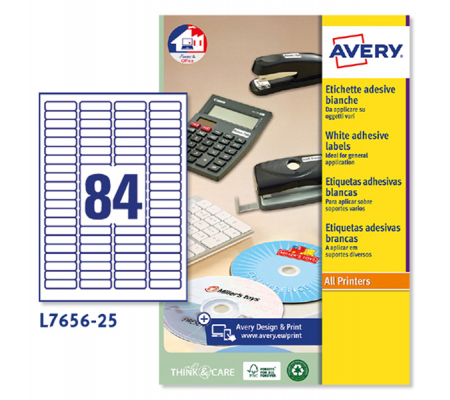 Etichette adesive L7656 - bianche - A4 - 46 x 11,1 mm - 84 etichette per foglio - inkjet-laser - conf. 25 fogli - Avery - L7656-25 - 5014702005435 - DMwebShop