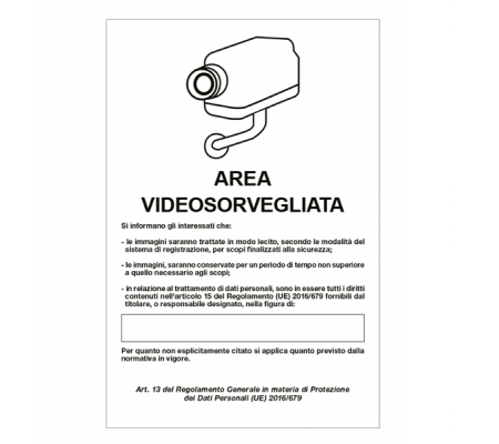 Cartello segnalatore - 20 x 30 cm - AREA VIDEOSORVEGLIATA CON REGISTRAZIONE - alluminio - Cartelli Segnalatori 33328