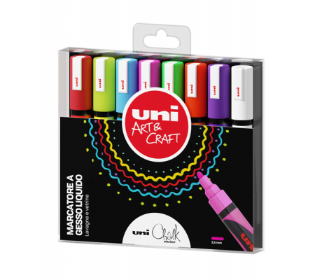Marcatore a gesso liquido Uni Chalk Marker - punta tonda - 1,8 - 2,5 mm - colori assortiti - busta 8 pezzi - Uni Mitsubishi - M PWE5M 8P - DMwebShop