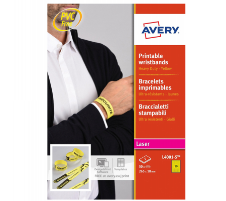 Braccialetti identificativi stampabili - giallo - 5 fogli - 10 et/fg - A4 - Avery - L4001-5 - 5014702134357 - DMwebShop