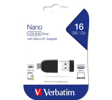 Memoria USB 2.0 - 16 Gb - store 'n' stay nano + otaglia Micro usb adapter - Verbatim - 49821 - 23942498216 - DMwebShop