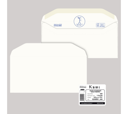 Busta KAMI GOMMATE bianca carta riciclata FSC senza finestra - 110 x 230 mm - 100 gr - conf. 500 pezzi - Pigna - 0250001AM - 8059020921422 - DMwebShop