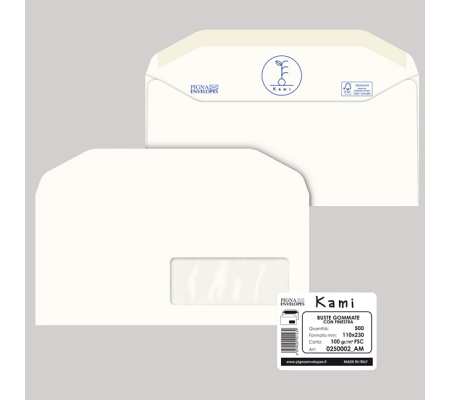 Busta KAMI GOMMATE bianca carta riciclata FSC con finestra - 110 x 230 mm - 100 gr - conf. 500 pezzi - Pigna - 0250002AM - 8059020921439 - DMwebShop