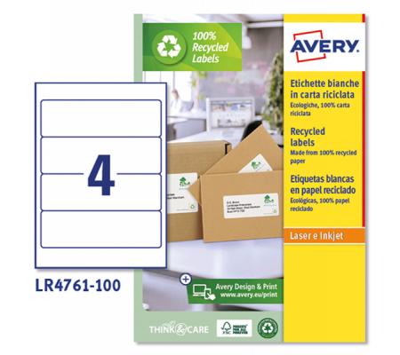 Etichette per raccoglitori in carta riciclata - 61 x 192 mm - 4 etichetta per foglio - bianca - laser - conf. 100 fogli - Avery - LR4761-100 - 4004182145456 - DMwebShop