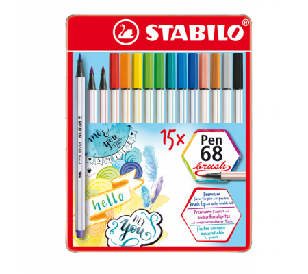 Pennarelli Pen 68 Brush - colori assortiti - scatola metallo 15 pezzi - Stabilo - 568/15-32 - 4006381554343 - DMwebShop