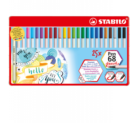 Pennarelli Pen 68 Brush - colori assortiti - scatola metallo 25 pezzi - Stabilo - 568/25-321 - DMwebShop