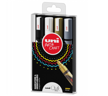 Marcatore a gesso liquido Uni Chalk Marker - punta tonda - 1,8 - 2,5 mm - colori assortiti - busta 4 pezzi - Uni Mitsubishi - M PWE5M 4P/1 - 8007404249457 - DMwebShop