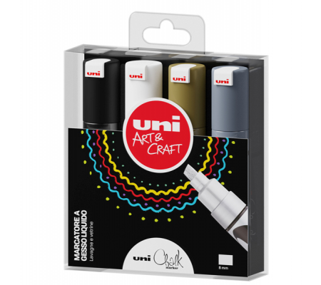 Marcatore a gesso liquido Uni Chalk Marker - punta scalpello 1,80 - 2,5 mm - colori assortiti - busta 4 pezzi - Uni Mitsubishi - M PWE8K 4P/1 - 8007404249570 - DMwebShop