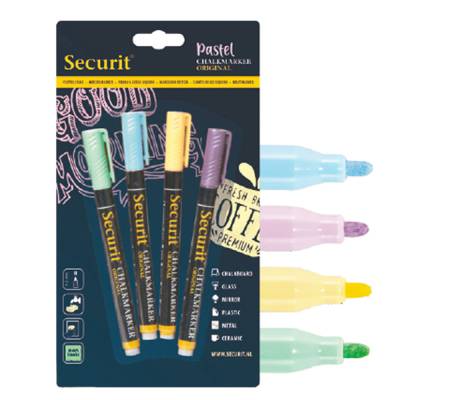 Marcatore a gesso liquido - punta fine da 1 - 2 mm - colori assortiti pastello - blister 4 pezzi - Securit - BL-SMA100-V4-PAS - 8719075287767 - DMwebShop