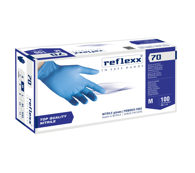 Guanti in nitrile R70 - senza polvere - taglia M - azzurro - conf. 100  pezzi - Reflexx